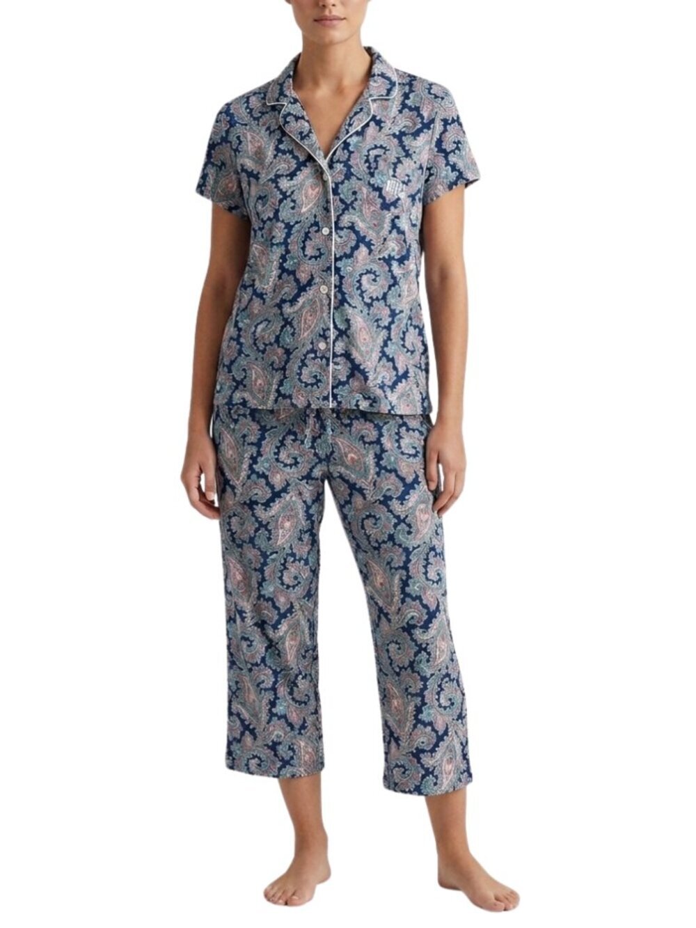 Lauren Ralph Lauren Navy Paisley Cotton Pajama Set Short Sleeve Capri Pants Med
